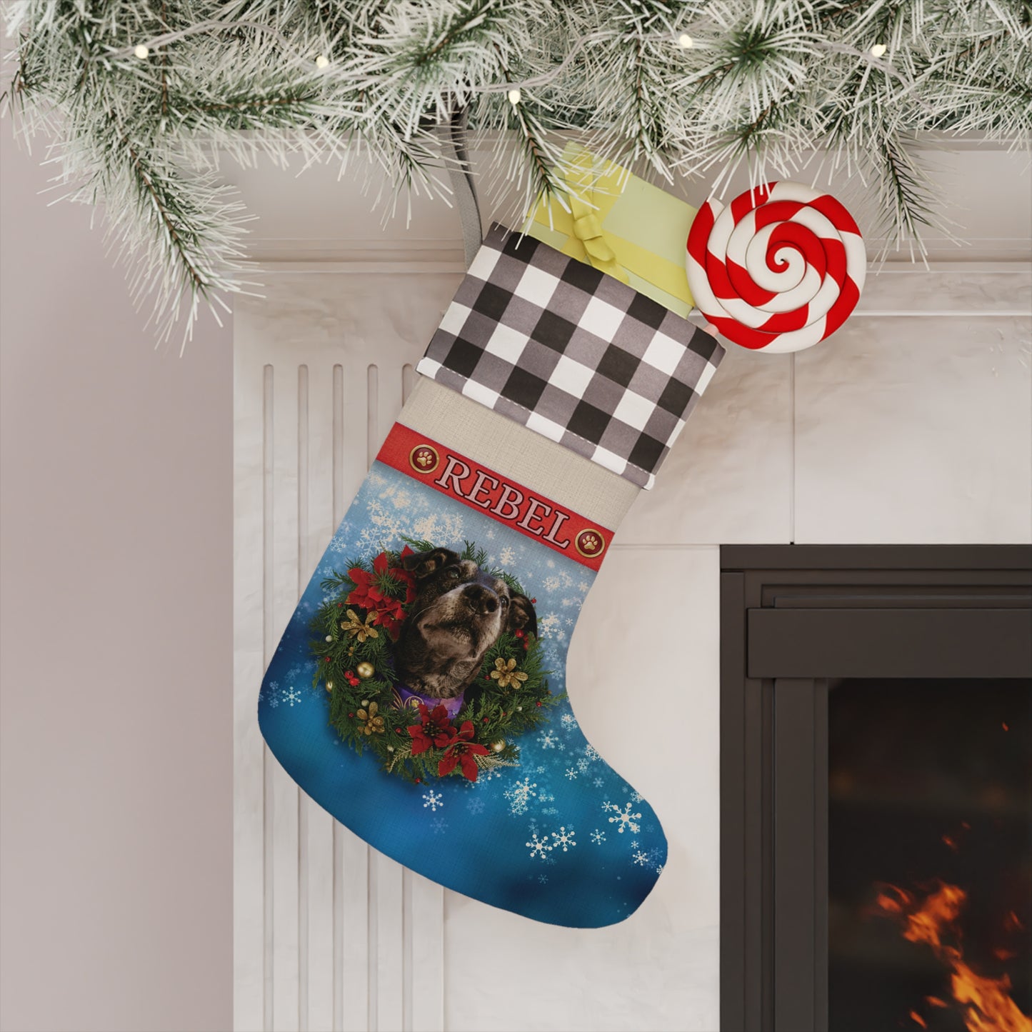 Personalized Dog Christmas Stocking — Buffalo Plaid Top with Pet Name