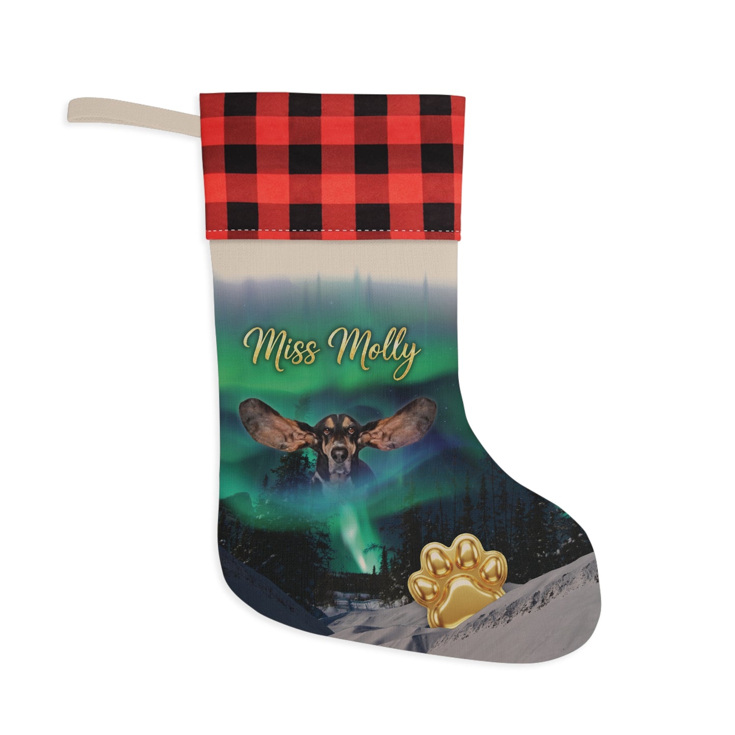 Northern lights  Personalized Dog Christmas Stocking — Buffalo Plaid Top with Pet Name