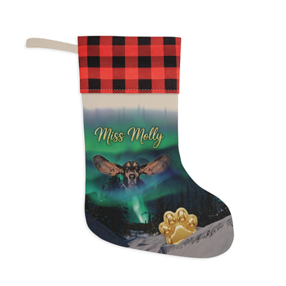 Northern lights  Personalized Dog Christmas Stocking — Buffalo Plaid Top with Pet Name