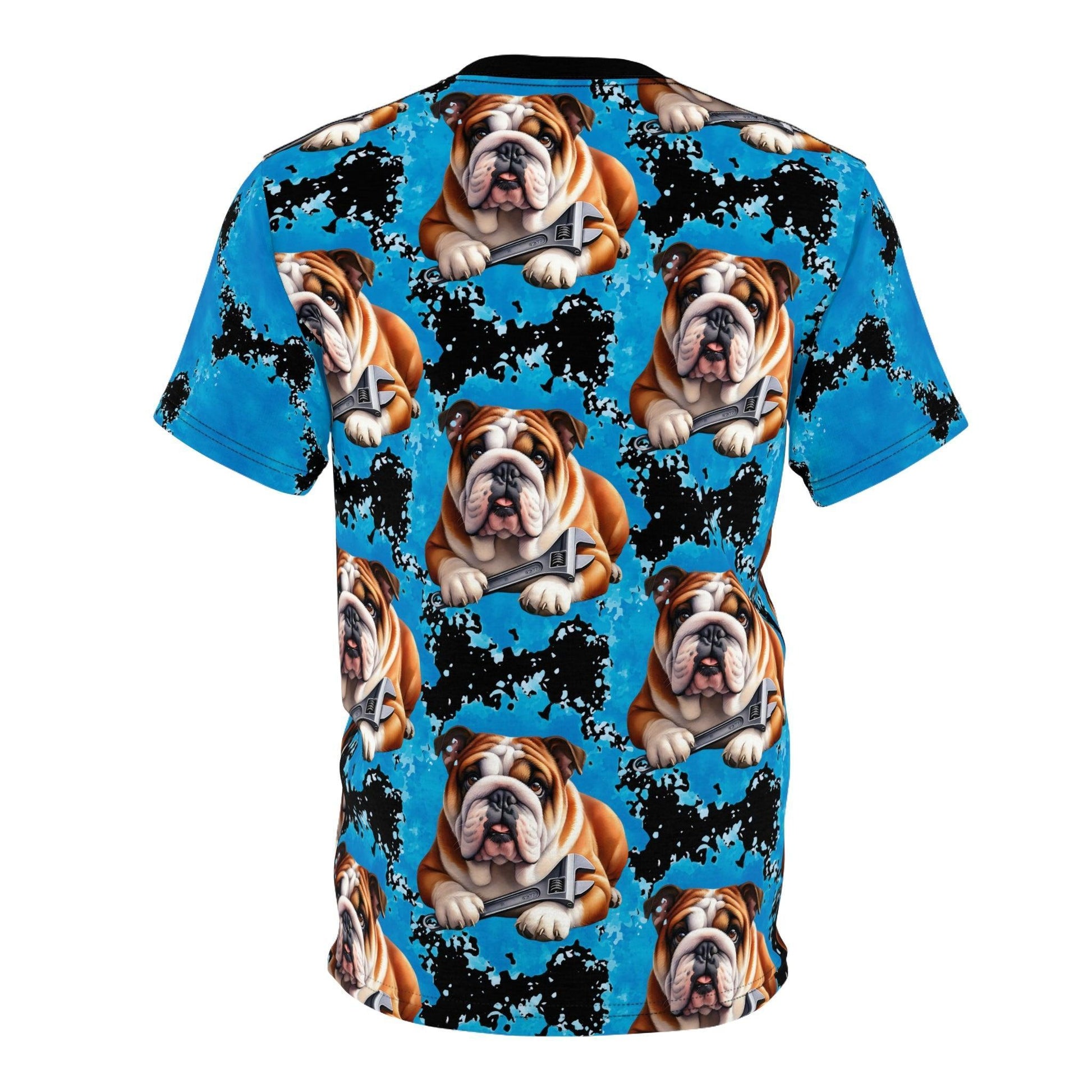 Bulldog Wrench With Blue Splash Design Unisex (AOP) T-Shirt - Pawsome Prints