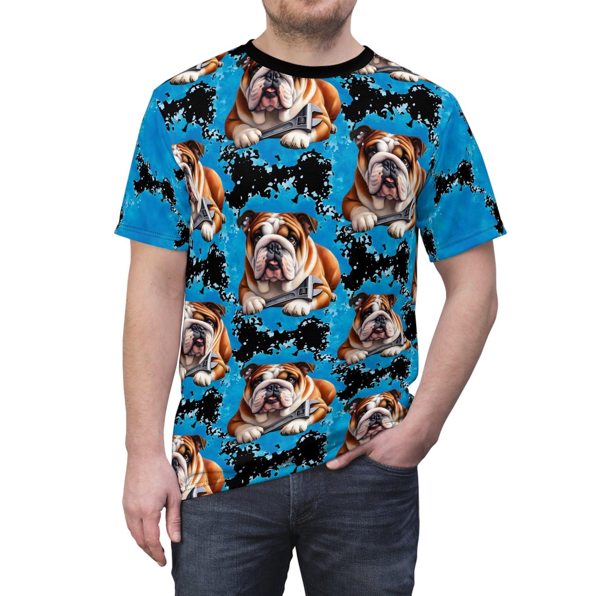 Bulldog Wrench With Blue Splash Design Unisex (AOP) T-Shirt - Pawsome Prints