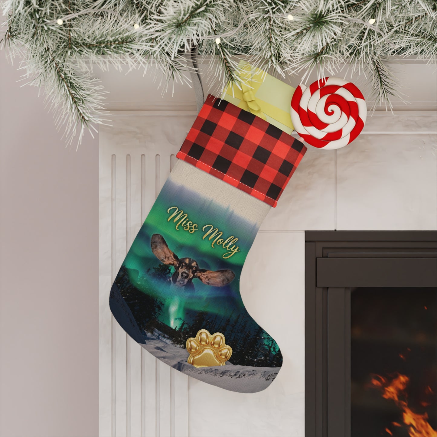 Northern lights  Personalized Dog Christmas Stocking — Buffalo Plaid Top with Pet Name