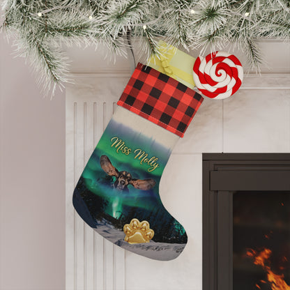 Northern lights  Personalized Dog Christmas Stocking — Buffalo Plaid Top with Pet Name