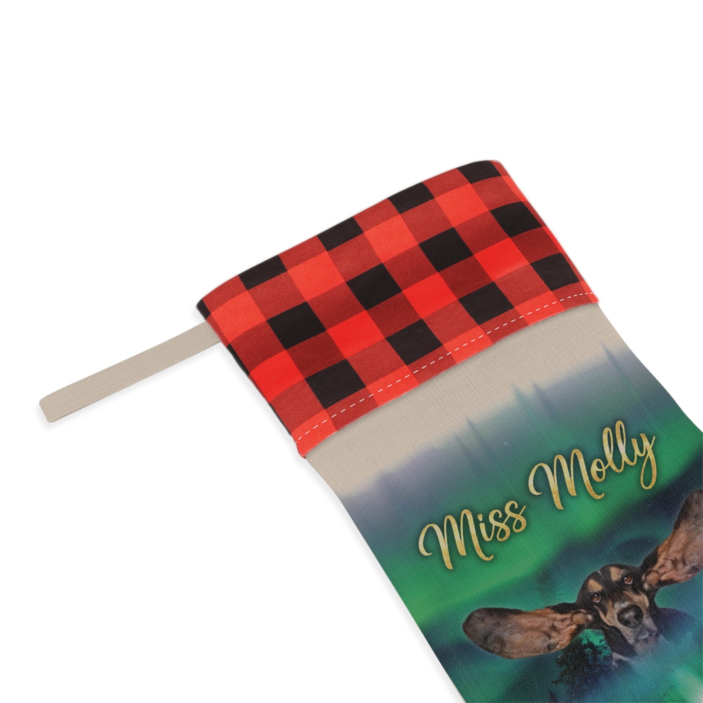 Northern lights  Personalized Dog Christmas Stocking — Buffalo Plaid Top with Pet Name