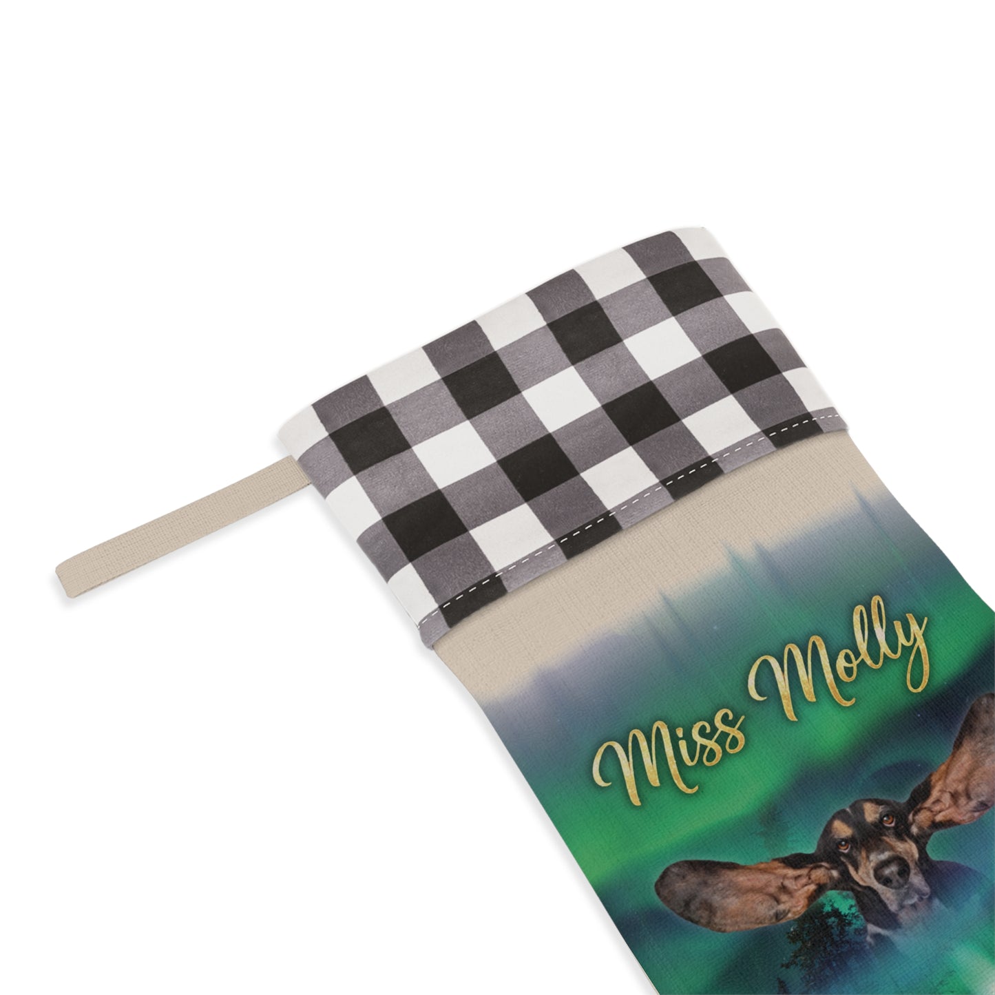 Northern lights  Personalized Dog Christmas Stocking — Buffalo Plaid Top with Pet Name