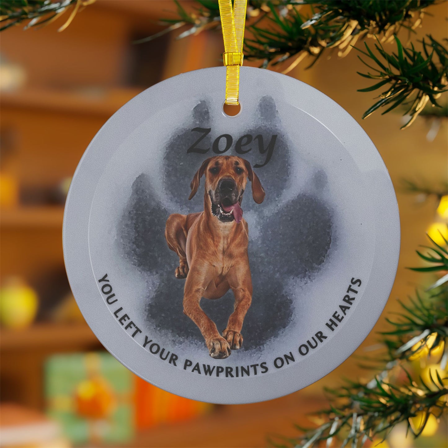 Snow Paw Print Personalized Memorial Glass Christmas Ornament