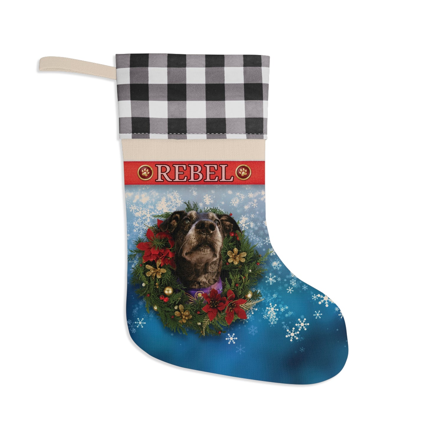 Personalized Dog Christmas Stocking — Buffalo Plaid Top with Pet Name