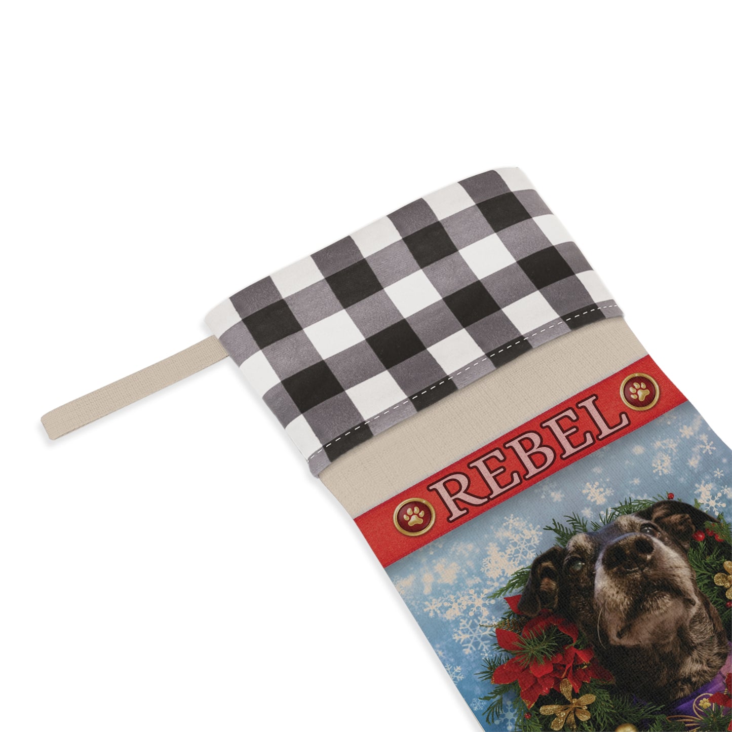 Personalized Dog Christmas Stocking — Buffalo Plaid Top with Pet Name