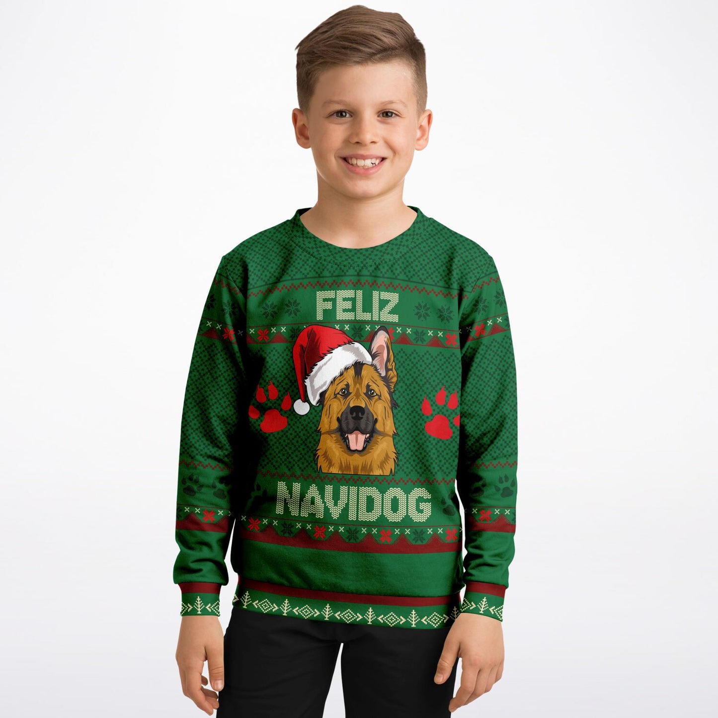 Feliz Navidog Kids Ugly Christmas Sweater – German Shepherd Edition