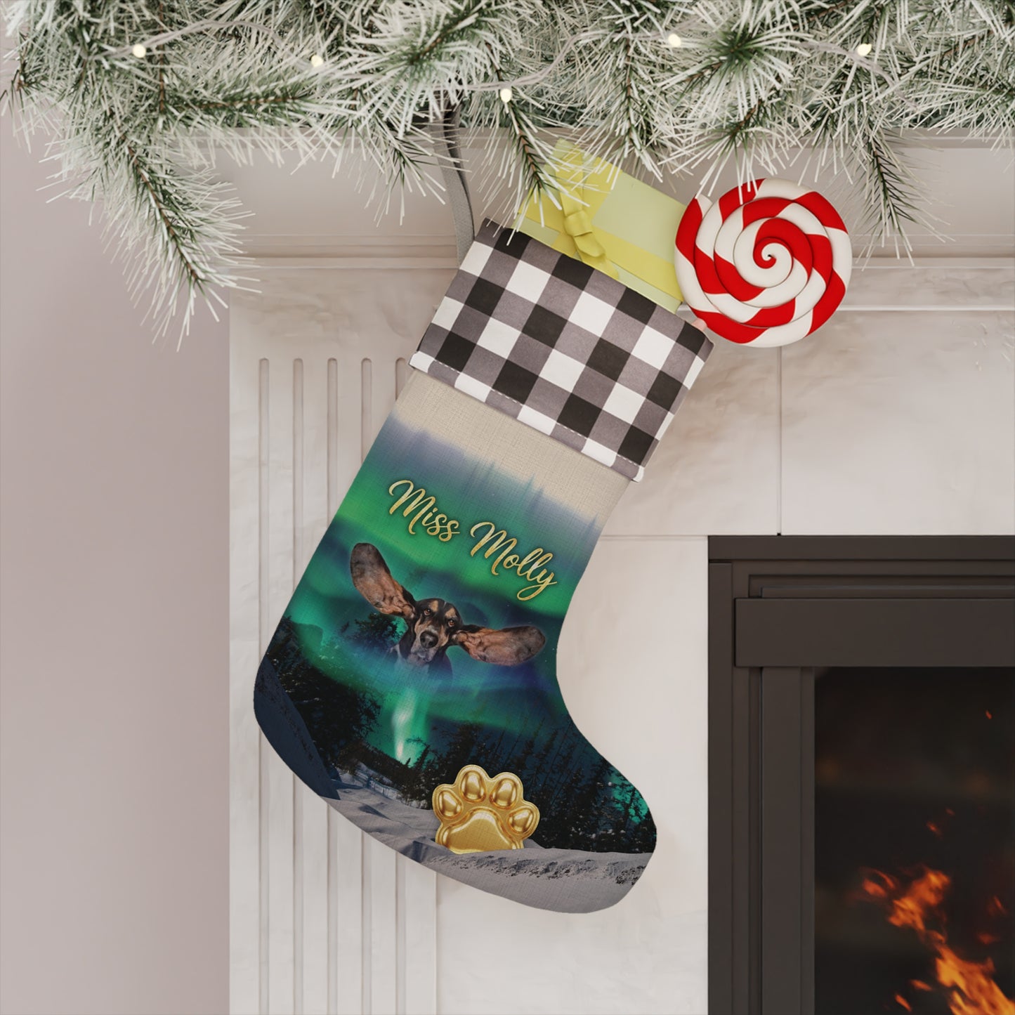 Northern lights  Personalized Dog Christmas Stocking — Buffalo Plaid Top with Pet Name