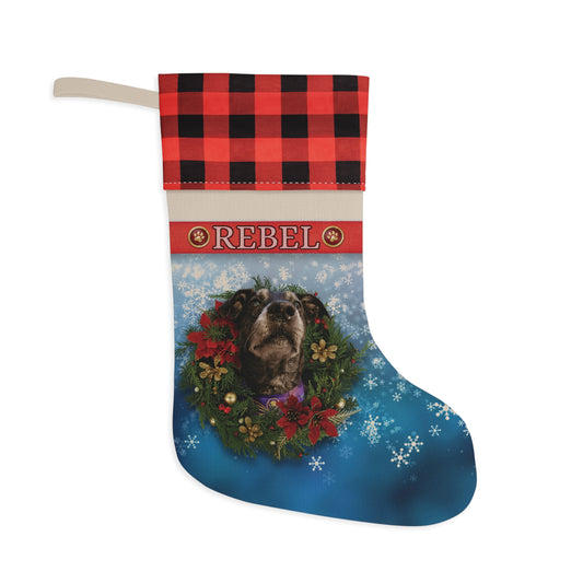 Personalized Dog Christmas Stocking — Buffalo Plaid Top with Pet Name