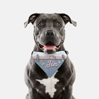 K-Fashion Plaid & Denim Custom Paw Print Bandana Collar