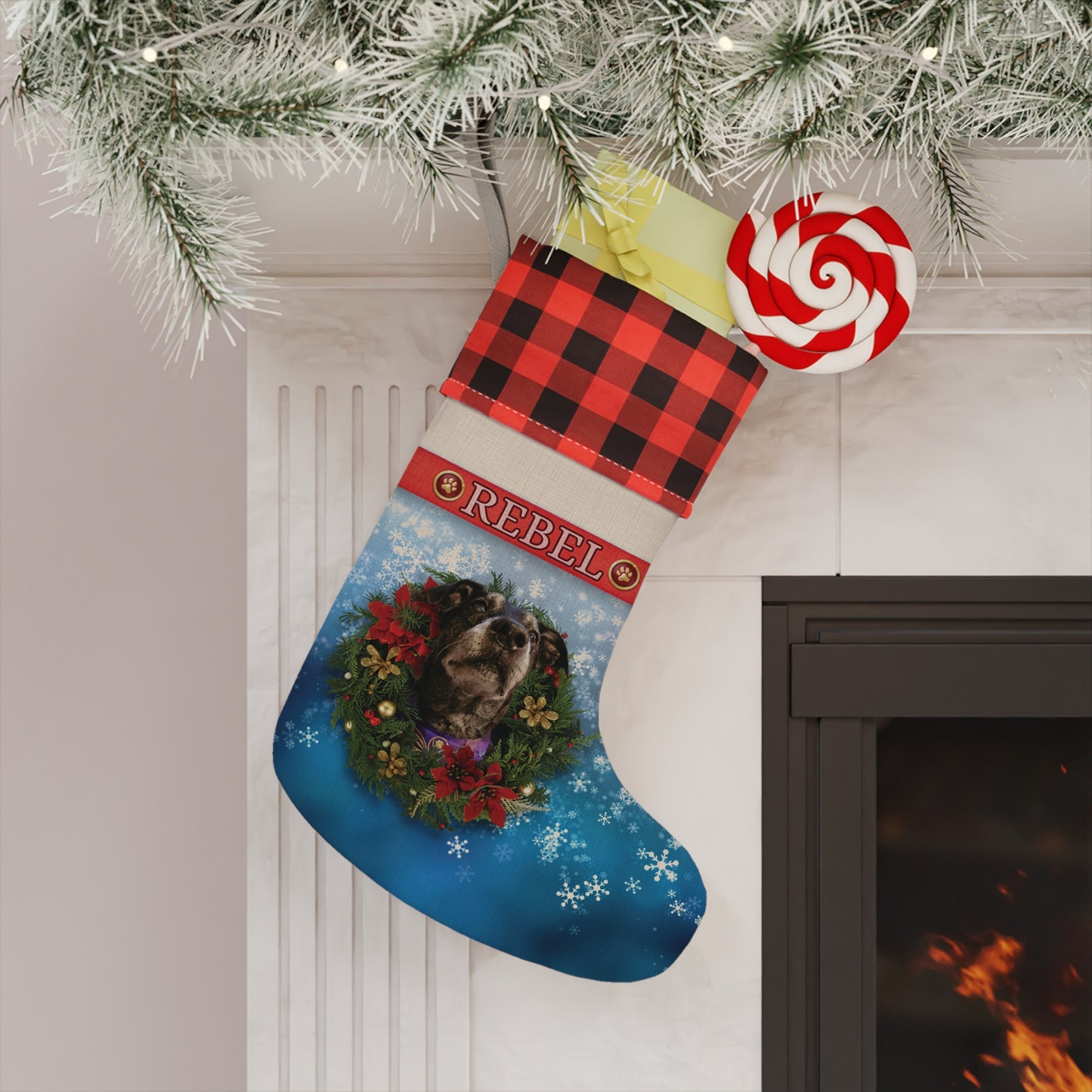 Personalized Dog Christmas Stocking — Buffalo Plaid Top with Pet Name