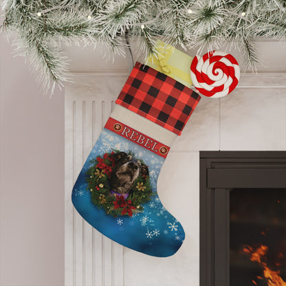 Personalized Dog Christmas Stocking — Buffalo Plaid Top with Pet Name