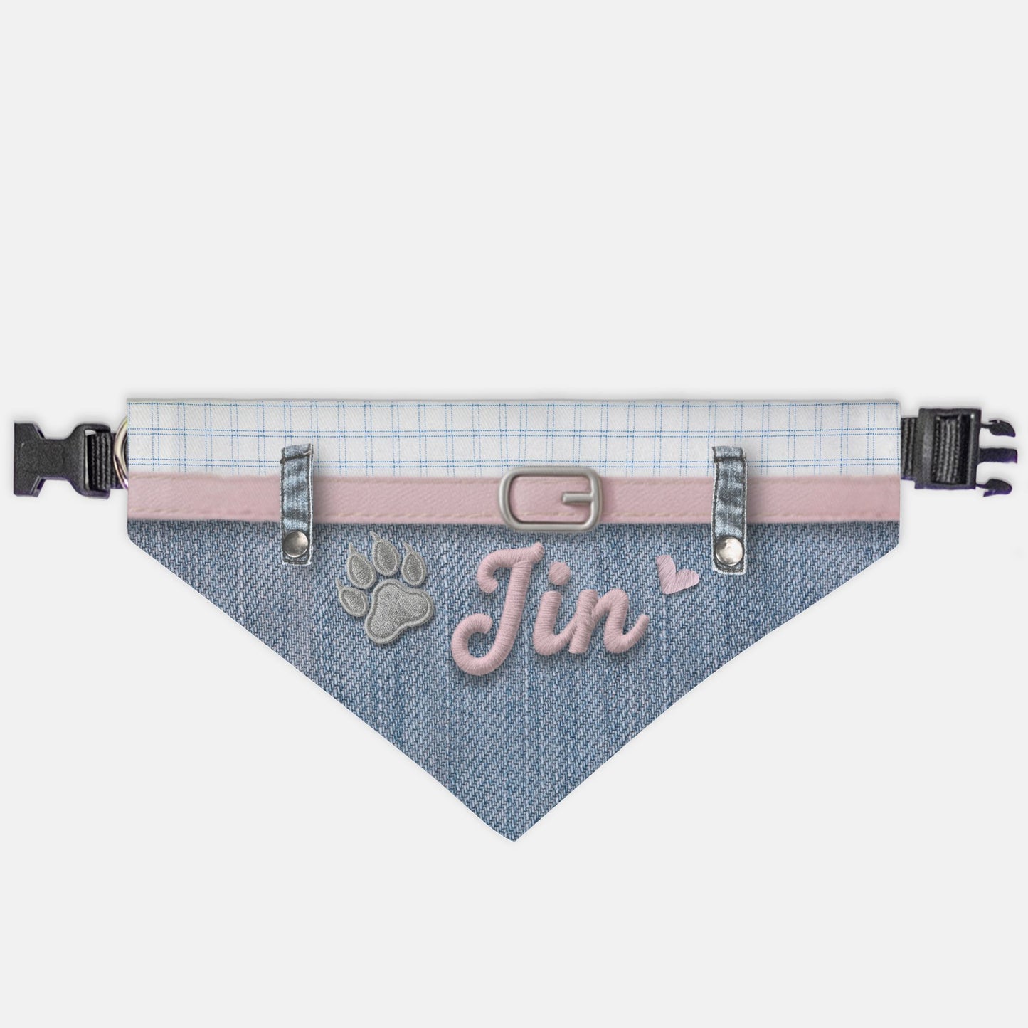 K-Fashion Plaid & Denim Custom Paw Print Bandana Collar