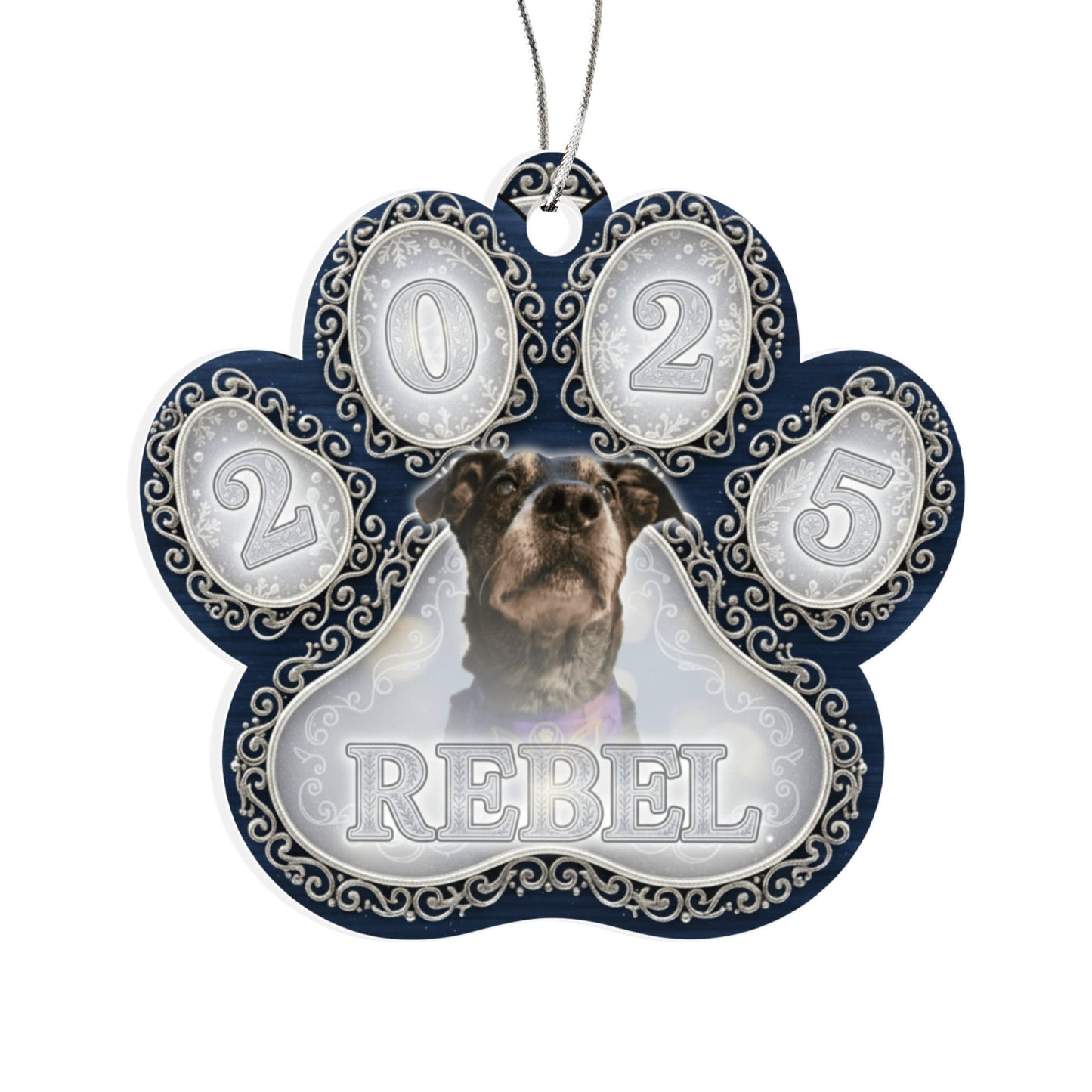 Navy Filigree Paw Personalized Acrylic Ornament