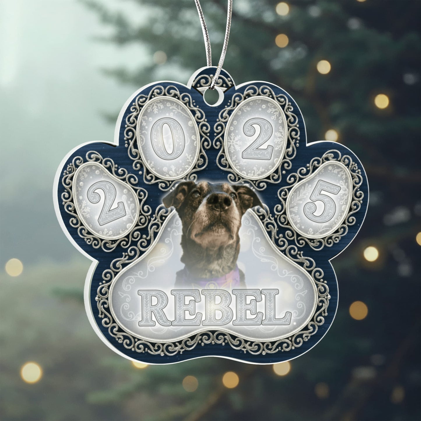 Navy Filigree Paw Personalized Acrylic Ornament