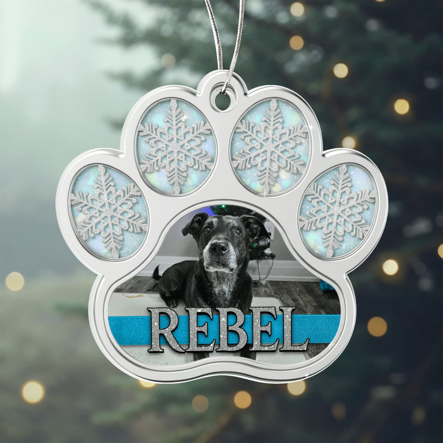 Silver Snowflake Paw Personalized Acrylic Ornament