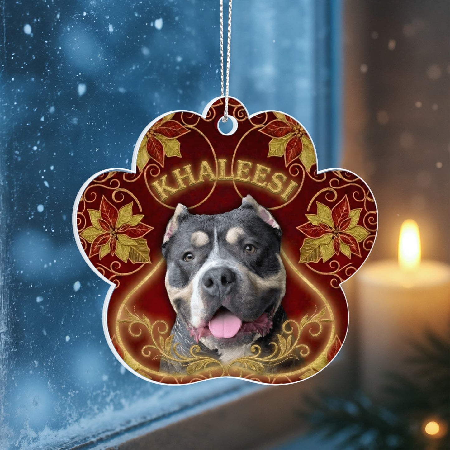 Poinsettia Filigree Paw Custom Acrylic Ornament