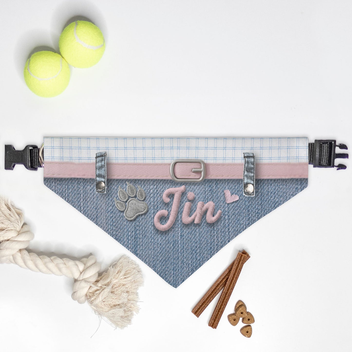 K-Fashion Plaid & Denim Custom Paw Print Bandana Collar