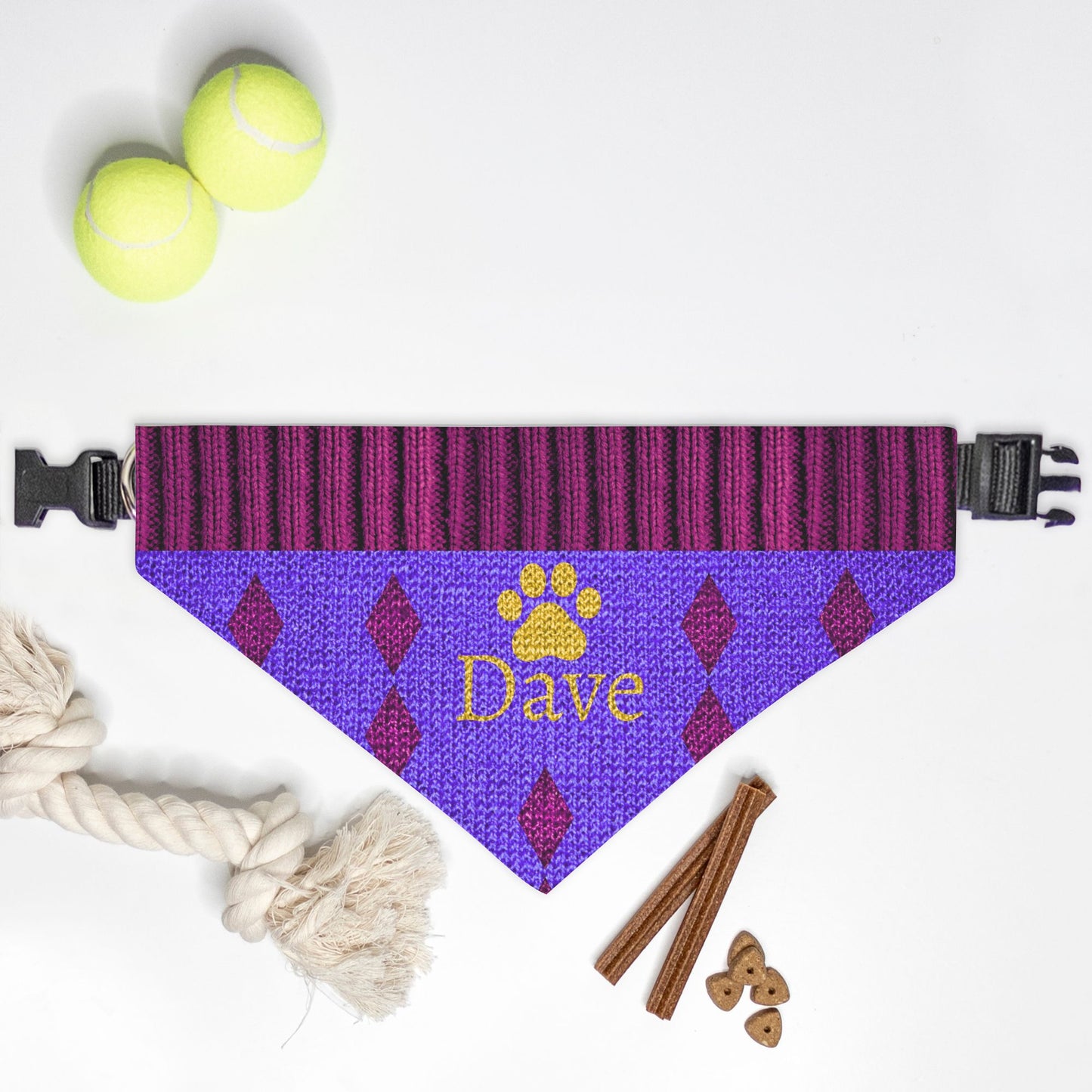 K-Fashion Purple Knit Custom Paw Print Bandana Collar L