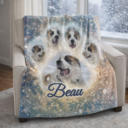 Snowfall Glow – Pawprint Collage Minky Blanket